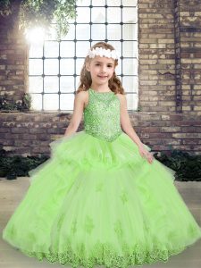 Sleeveless Floor Length Lace and Appliques Lace Up Kids Formal Wear