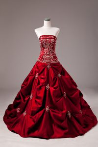 Brush Train Ball Gowns Party Dress for Toddlers Wine Red Strapless Taffeta Sleeveless Lace Up