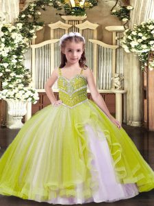 Sleeveless Floor Length Beading Lace Up Little Girls Pageant Gowns with Yellow Green