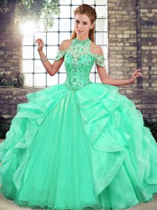 Gorgeous Apple Green Organza Lace Up Halter Top Sleeveless Floor Length 15 Quinceanera Dress Beading and Ruffles