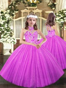 Lilac Tulle Lace Up Pageant Dresses Sleeveless Floor Length Appliques