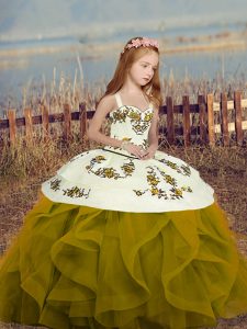 Sleeveless Floor Length Lace Up Little Girl Pageant Dress in Olive Green with Embroidery and Ruffles