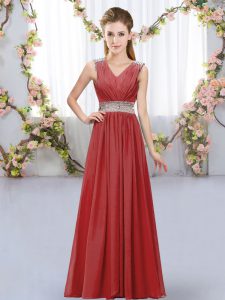 Fitting Wine Red Sleeveless Chiffon Lace Up Dama Dress for Wedding Party