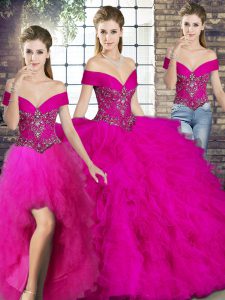 Floor Length Three Pieces Sleeveless Fuchsia Ball Gown Prom Dress Lace Up