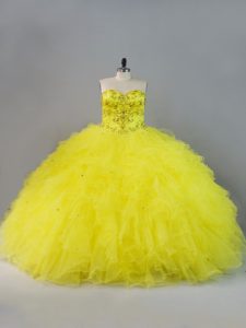 Yellow Ball Gowns Tulle Sweetheart Sleeveless Beading and Ruffles Floor Length Lace Up Ball Gown Prom Dress