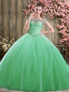 Extravagant Green Tulle Lace Up Off The Shoulder Sleeveless Floor Length Quinceanera Dresses Beading