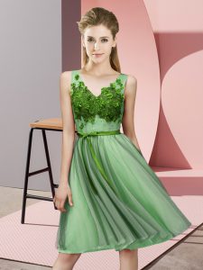 New Style Sleeveless Tulle Knee Length Lace Up Damas Dress in Apple Green with Appliques