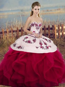 Customized Tulle Sleeveless Floor Length Ball Gown Prom Dress and Embroidery and Ruffles and Bowknot