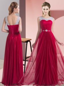 Modern Beading and Belt Vestidos de Damas Wine Red Lace Up Sleeveless Floor Length