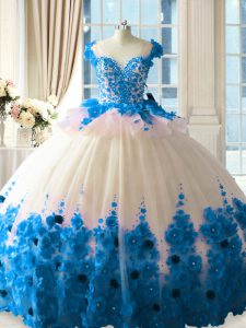 Fashion Blue And White Ball Gowns Scoop Sleeveless Tulle Brush Train Zipper Hand Made Flower Sweet 16 Dresses