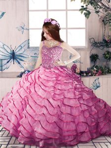 Pink Straps Neckline Beading and Ruffled Layers Pageant Dress Wholesale Sleeveless Lace Up