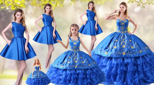 Luxury Organza Sweetheart Sleeveless Lace Up Embroidery and Ruffled Layers Sweet 16 Quinceanera Dress in Blue