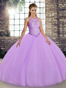 Fancy Lavender Scoop Neckline Embroidery Quince Ball Gowns Sleeveless Lace Up
