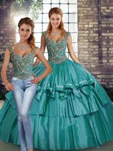 Modern Teal Straps Neckline Beading and Ruffled Layers Sweet 16 Quinceanera Dress Sleeveless Lace Up
