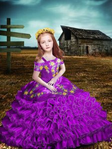 Purple Short Sleeves Organza Lace Up Kids Pageant Dress for Wedding Party