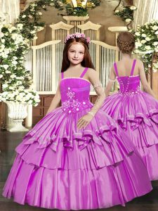 Custom Design Lilac Taffeta Lace Up Straps Sleeveless Floor Length Kids Formal Wear Beading and Ruffled Layers