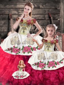 Extravagant Pink And White Quinceanera Dresses Sweet 16 and Quinceanera with Embroidery and Ruffles Off The Shoulder Sleeveless Lace Up