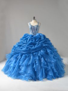 Floor Length Blue Sweet 16 Dresses Straps Sleeveless Lace Up