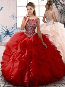 Fine Red Zipper Scoop Beading and Ruffles Quinceanera Gown Organza Sleeveless