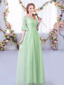 Floor Length Side Zipper Damas Dress Apple Green for Wedding Party with Lace and Belt