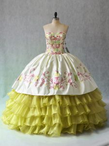 Yellow Green Ball Gown Prom Dress Sweet 16 and Quinceanera with Beading and Ruffled Layers Sweetheart Sleeveless Lace Up