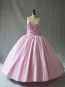 Ideal Pink Ball Gowns Sweetheart Sleeveless Tulle Floor Length Lace Up Beading Ball Gown Prom Dress