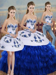 Cute Royal Blue Organza Lace Up Vestidos de Quinceanera Sleeveless Floor Length Embroidery and Ruffled Layers and Bowknot