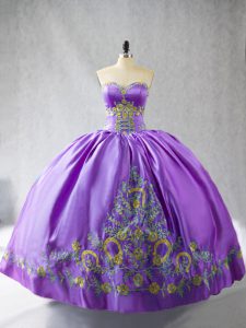 Sleeveless Floor Length Embroidery Lace Up Sweet 16 Dress with Lavender