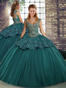 Floor Length Green Ball Gown Prom Dress Tulle Sleeveless Beading and Appliques