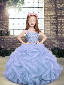 Ball Gowns Girls Pageant Dresses Light Blue Straps Tulle Sleeveless Floor Length Lace Up