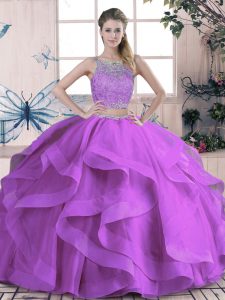 Attractive Tulle Scoop Sleeveless Lace Up Beading and Lace and Ruffles Sweet 16 Dress in Purple