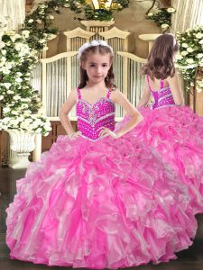 Simple Floor Length Lace Up Kids Formal Wear Rose Pink for Party and Wedding Party with Beading and Ruffles