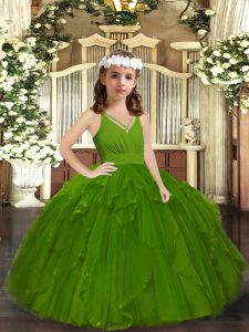 Custom Made Olive Green Sleeveless Floor Length Ruffles Zipper Little Girl Pageant Dress