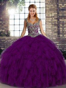 Ball Gowns 15 Quinceanera Dress Purple Straps Organza Sleeveless Floor Length Lace Up