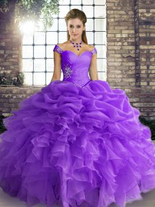 Captivating Lavender Ball Gowns Off The Shoulder Sleeveless Organza Floor Length Lace Up Beading and Ruffles and Pick Ups Quinceanera Dresses