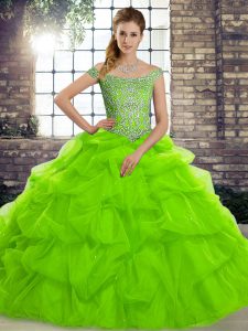 Tulle Lace Up Off The Shoulder Sleeveless Sweet 16 Dresses Brush Train Beading and Pick Ups