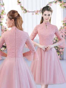 New Arrival Pink Vestidos de Damas Wedding Party with Lace High-neck 3 4 Length Sleeve Zipper