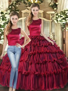Wine Red Two Pieces Organza Scoop Sleeveless Ruffled Layers Floor Length Lace Up Military Ball Dresses For Women
