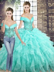 Aqua Blue Two Pieces Off The Shoulder Sleeveless Organza Brush Train Lace Up Beading and Ruffles Quinceanera Dresses