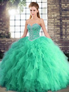 Charming Turquoise Tulle Lace Up Quinceanera Dress Sleeveless Floor Length Beading and Ruffles