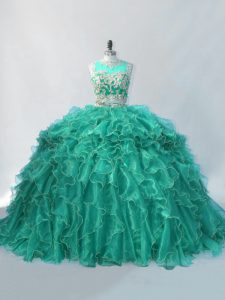 Shining Turquoise Two Pieces Beading and Ruffles Party Dress Zipper Organza Sleeveless
