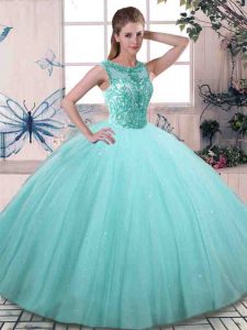 Enchanting Tulle Scoop Sleeveless Lace Up Beading Sweet 16 Quinceanera Dress in Aqua Blue