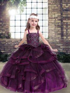 Eggplant Purple Tulle Lace Up Straps Sleeveless Floor Length Girls Pageant Dresses Beading and Ruffles