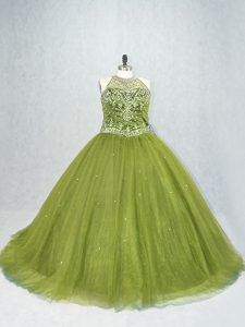 Sleeveless Beading Lace Up Military Ball Gown with Olive Green Brush Train