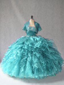 Turquoise Lace Up Quinceanera Dresses Beading Sleeveless Floor Length