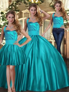 Teal Lace Up Halter Top Ruching Quinceanera Gown Satin Sleeveless