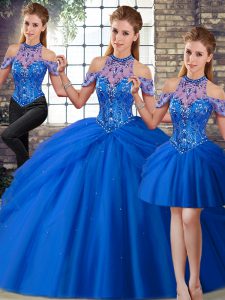 Best Blue Three Pieces Halter Top Sleeveless Tulle Brush Train Lace Up Beading and Pick Ups Quinceanera Gowns