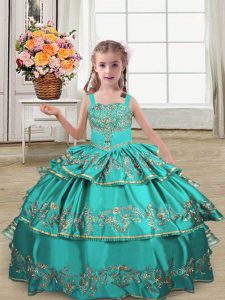 Ball Gowns Pageant Dress for Womens Turquoise Straps Satin Sleeveless Floor Length Lace Up