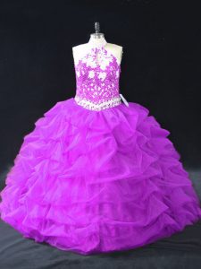 Custom Made Purple Ball Gowns Organza Halter Top Sleeveless Beading and Pick Ups Floor Length Backless Quince Ball Gowns