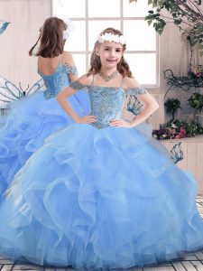 Blue Ball Gowns Beading Girls Pageant Dresses Lace Up Tulle Sleeveless Floor Length